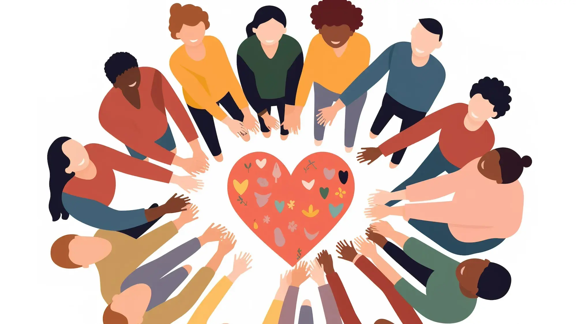 Illustrated group of people reaching toward a heart