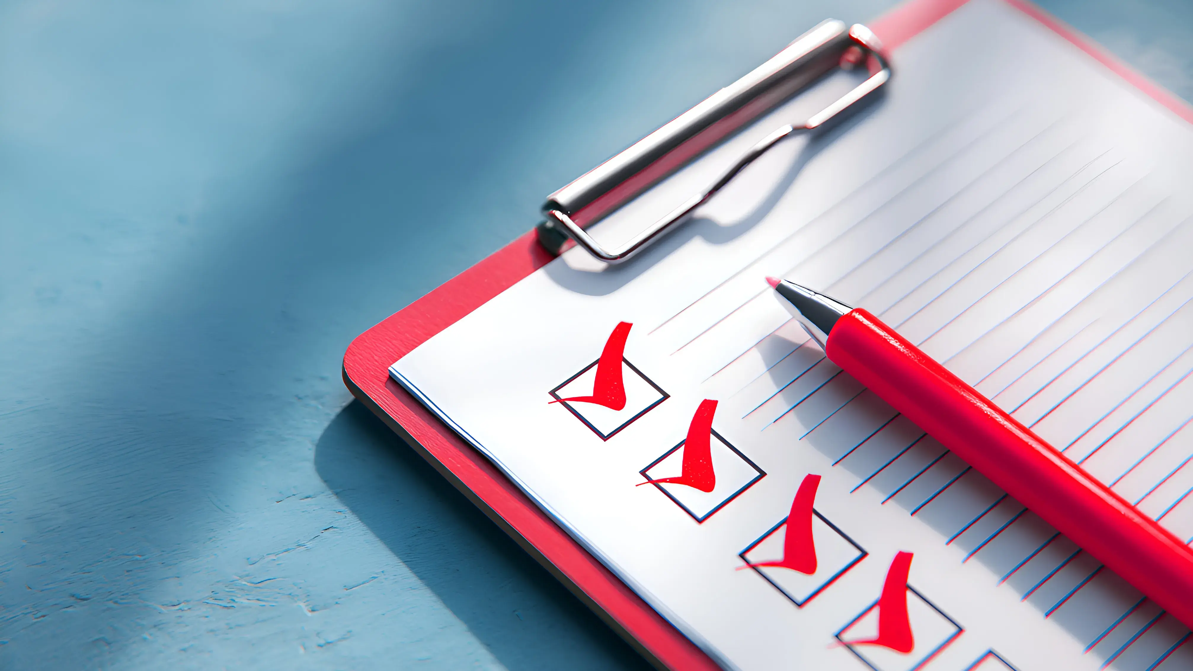 Red clipboard with a checklist and a red pen placed on top