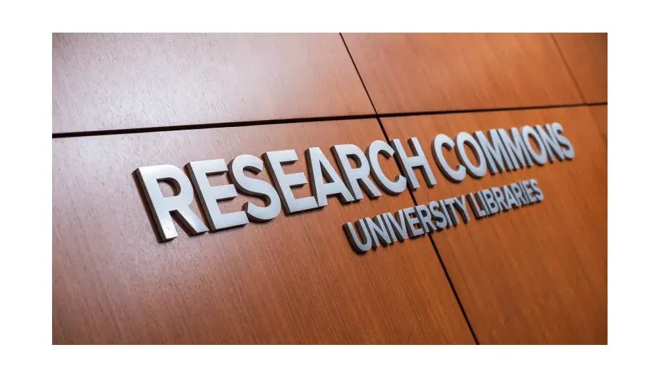 Picture of the Research Commons University Libraries words of a Wooden wall panel