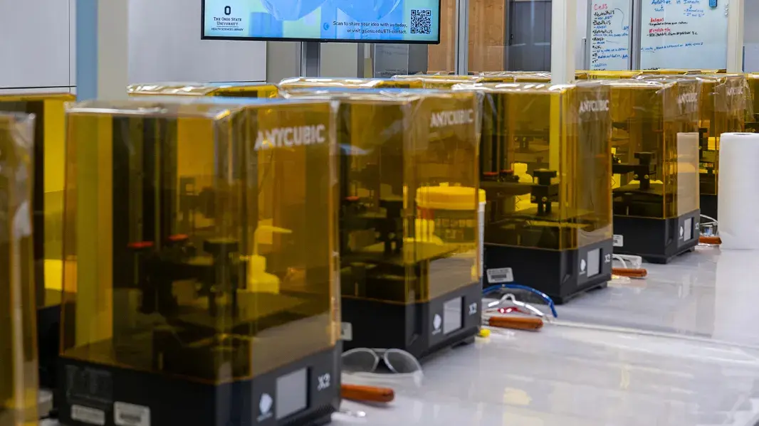 A row of AnyCubic brand 3D printers housed within EdTech Incubator's 3D Printing Lab.