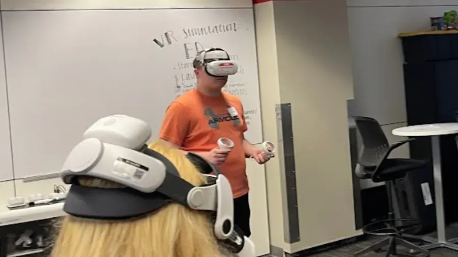 Students wearing VR headsets inside the Anatomy Visualization Zone.