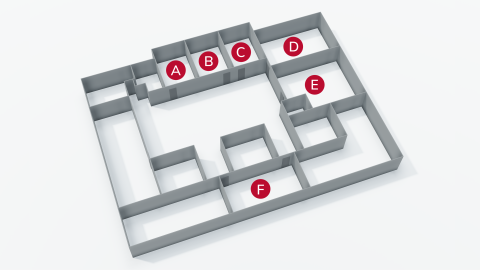 ETI building floor plan showing rooms, corridors, entry points, and labeled sections A,B,C,D,E,F